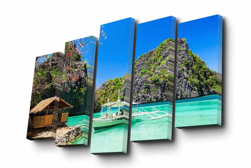 5-osainen canvas-taulu 82x50 cm - Kaunis trooppinen rannikko kallioineen ja vene kirkkaassa turkoosissa vedessä, Turkoosi / Vihreä / Sininen