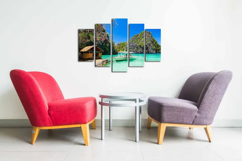 5-osainen canvas-taulu 82x50 cm - Kaunis trooppinen rannikko kallioineen ja vene kirkkaassa turkoosissa vedessä - Turkoosi / Vihreä / Sininen - Sisustustuotteet - Taulu & taide - Canvas-taulu