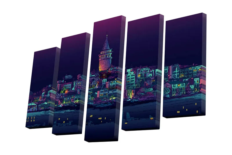 5-osainen canvas-taulu 82x50 cm - Kaupungin siluetti torneineen ja värikkäine rakennuksineen iltahämärässä, Tummansininen / Violetti / Vihreä