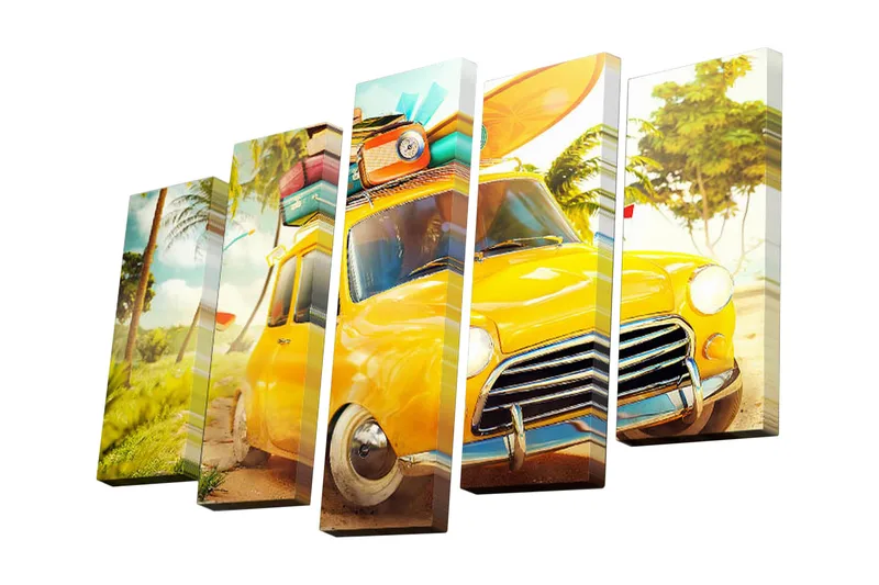 5-osainen canvas-taulu 82x50 cm - Keltainen auto ja matkalaukut katolla trooppisessa ympäristössä, Keltainen / Vihreä / Sininen