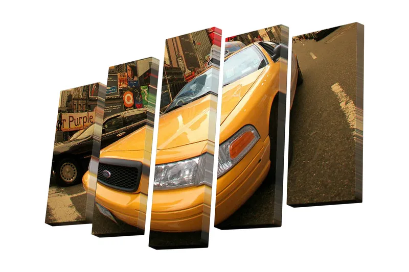 5-osainen canvas-taulu 82x50 cm - Keltainen taksi kaupunkiympäristössä, Keltainen / Musta / Harmaa