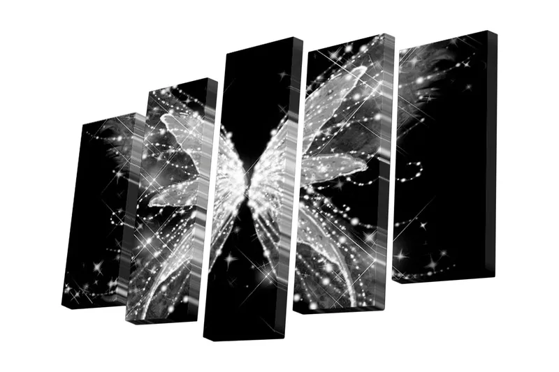 5-osainen canvas-taulu 82x50 cm - Kimalteleva perhonen mustavalkoinen, Musta / Valkoinen