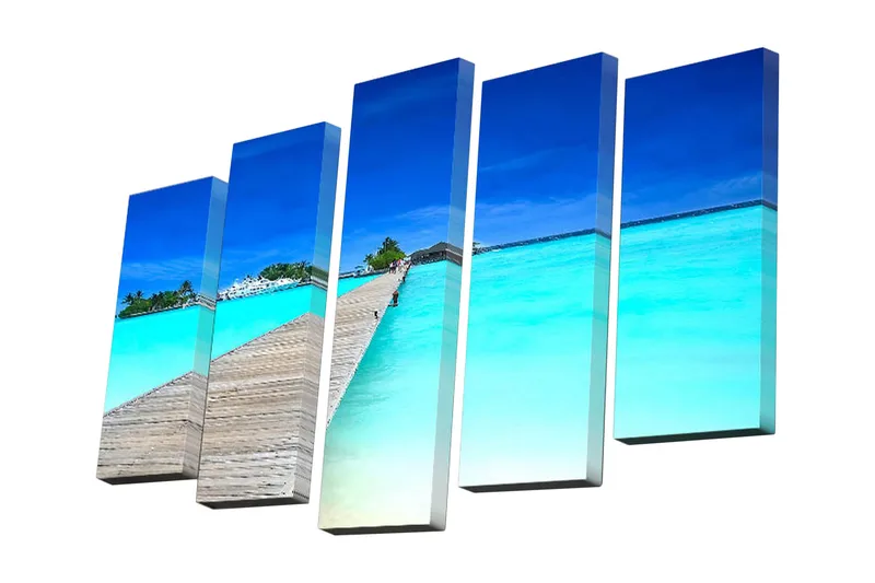 5-osainen canvas-taulu 82x50 cm - Kirkas sininen taivas turkoosin laguunin ja puisen sillan yllä, Turkoosi / Sininen / Valkoinen