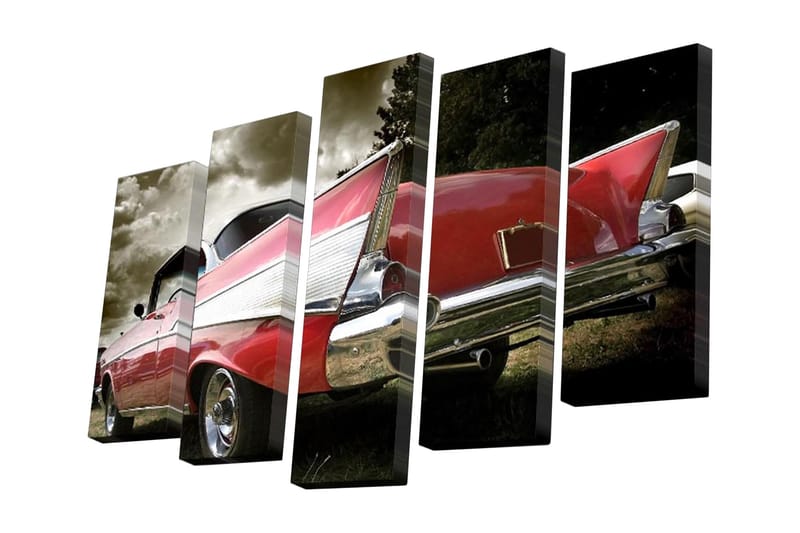 5-osainen canvas-taulu 82x50 cm - Klassinen auto retrotyylillä, Punainen / Hopea / Musta