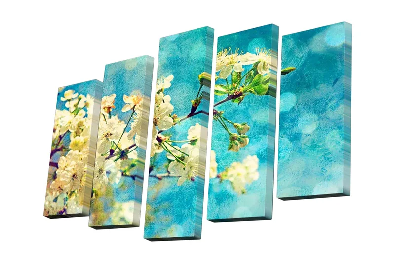 5-osainen canvas-taulu 82x50 cm - Kukkivia kirsikanoksia vaaleansinistä taustaa vasten, Valkoinen / Sininen / Vihreä