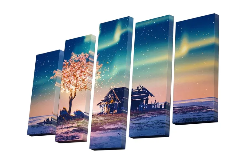 5-osainen canvas-taulu 82x50 cm - Kukkivia kirsikkapuita tähtitaivaan alla maaseudulla, Vaaleanpunainen / Sininen / Vihreä