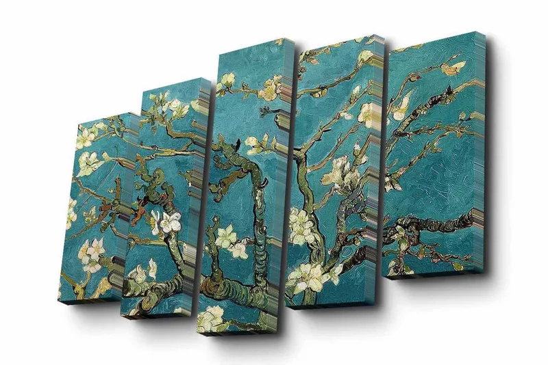 5-osainen canvas-taulu 82x50 cm - Kukkivia oksia turkoosia taustaa vasten - Turkoosi / Valkoinen / Vihreä - Sisustustuotteet - Taulu & taide - Canvas-taulu
