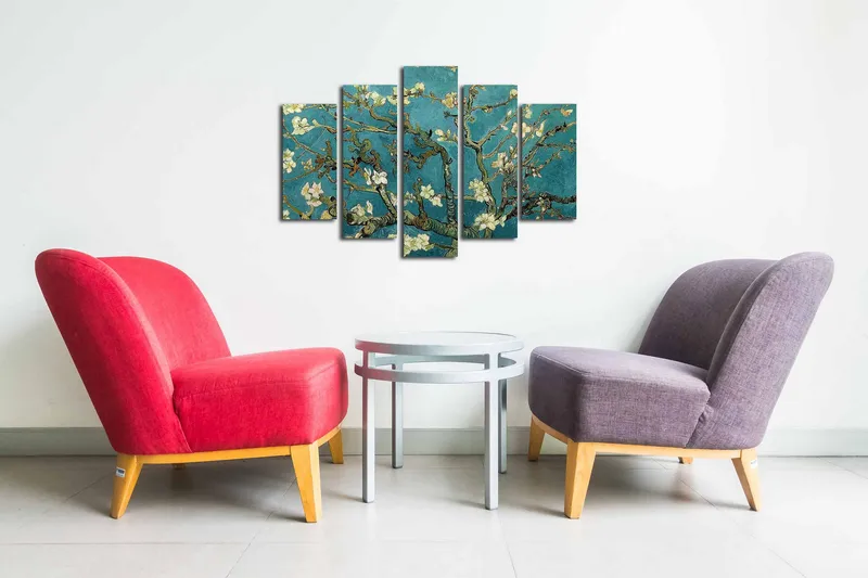 5-osainen canvas-taulu 82x50 cm - Kukkivia oksia turkoosia taustaa vasten - Turkoosi / Valkoinen / Vihreä - Sisustustuotteet - Taulu & taide - Canvas-taulu