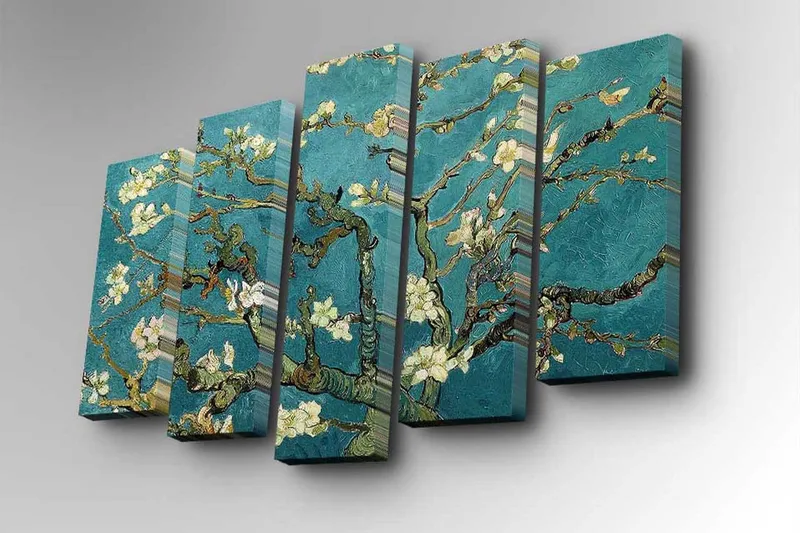 5-osainen canvas-taulu 82x50 cm - Kukkivia oksia turkoosia taustaa vasten - Turkoosi / Valkoinen / Vihreä - Sisustustuotteet - Taulu & taide - Canvas-taulu