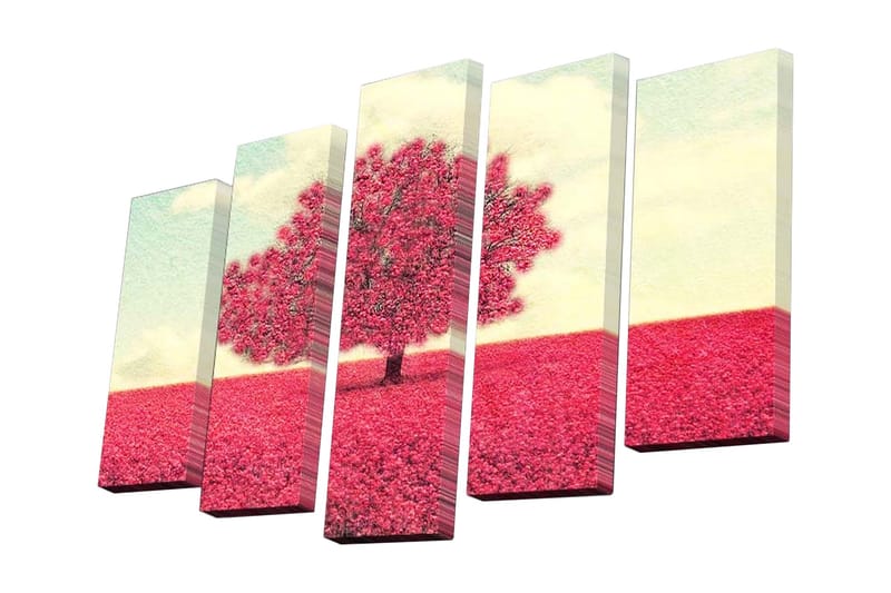 5-osainen canvas-taulu 82x50 cm - Kukkivia puita vaaleanpunaisessa maisemassa - Vaaleanpunainen / Vaaleansininen / Beige - Sisustustuotteet - Taulu & taide - Canvas-taulu