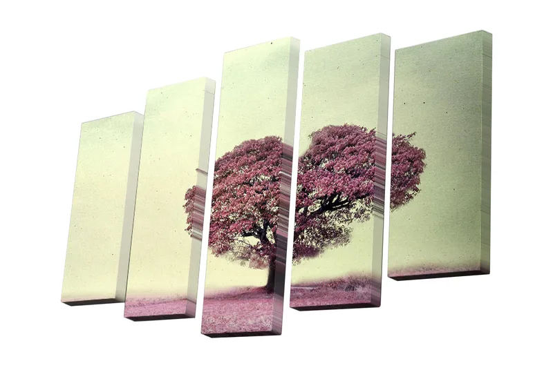 5-osainen canvas-taulu 82x50 cm - Kukkivia puita vaaleanpunaisissa sävyissä, Vaaleanpunainen / Vihreä / Beige