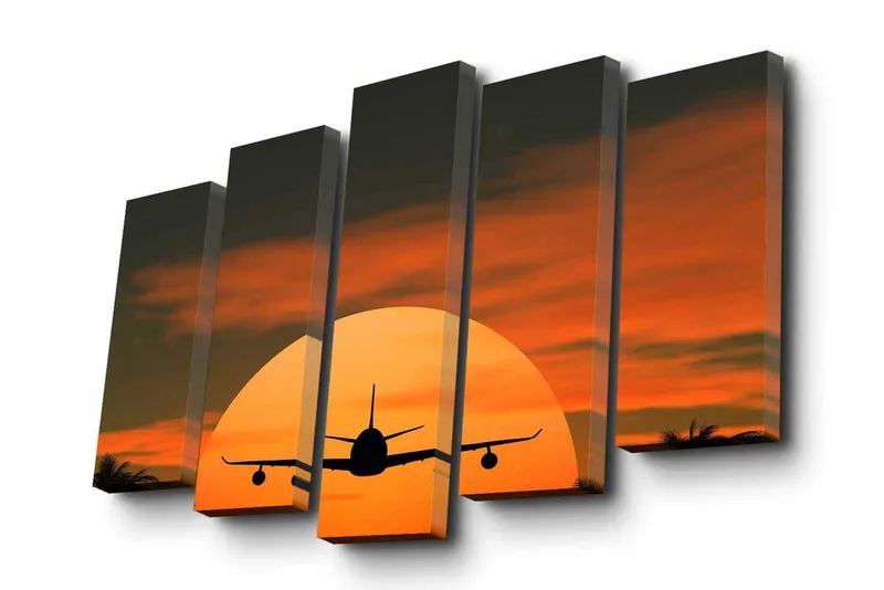 5-osainen canvas-taulu 82x50 cm - Lentokoneen siluetti auringonlaskua vasten l ämpimin värein, Oranssi / Musta