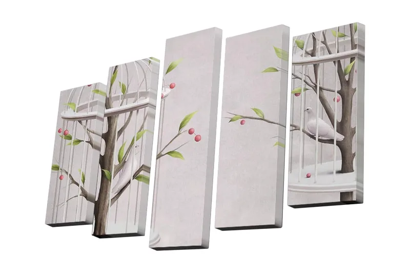 5-osainen canvas-taulu 82x50 cm - Linnut häkissä oksien ja marjojen ympäröimänä, Vihreä / Vaaleanpunainen / Ruskea