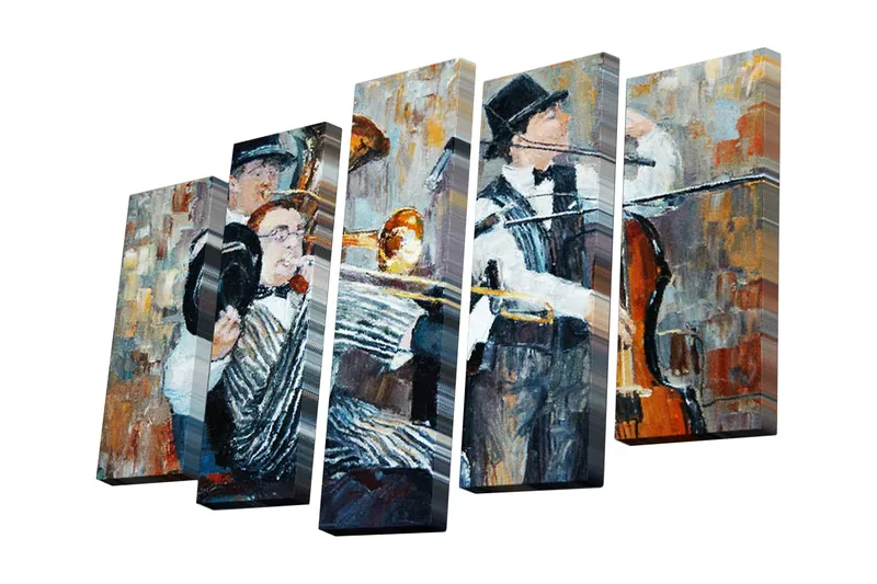 5-osainen canvas-taulu 82x50 cm - Muusikot eloisassa jazz-sävellyksessä, Musta / Harmaa / Oranssi