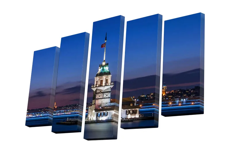 5-osainen canvas-taulu 82x50 cm - Näkymä historialliseen Neitsyttorniin hämärässä, Tummansininen / Valkoinen / Vihreä