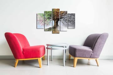 5-osainen canvas-taulu 82x50 cm - Neljäosainen maalaus, jossa puu vaihtuu vuodenaikojen mukaan - Vihreä / Ruskea / Valkoinen - Sisustustuotteet - Taulu & taide - Canvas-taulu
