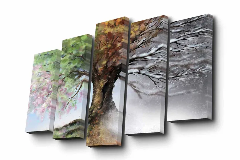 5-osainen canvas-taulu 82x50 cm - Neljäosainen maalaus, jossa puu vaihtuu vuodenaikojen mukaan, Vihreä / Ruskea / Valkoinen