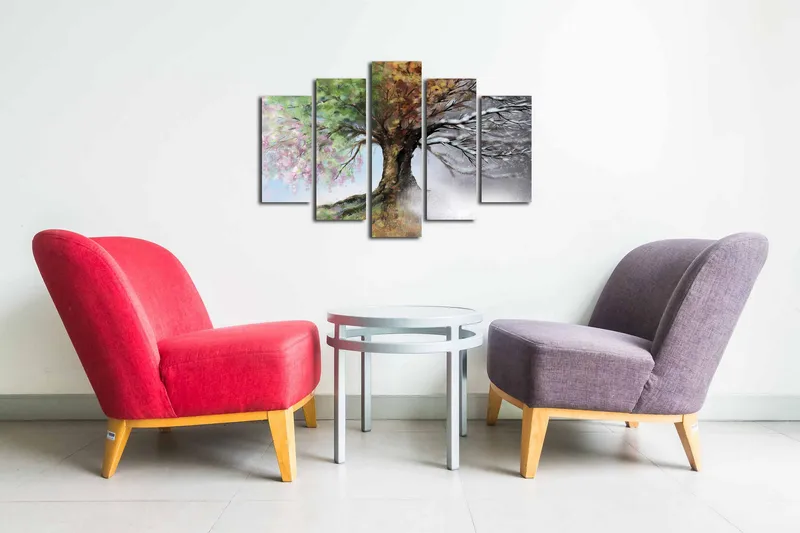 5-osainen canvas-taulu 82x50 cm - Neljäosainen maalaus, jossa puu vaihtuu vuodenaikojen mukaan - Vihreä / Ruskea / Valkoinen - Sisustustuotteet - Taulu & taide - Canvas-taulu