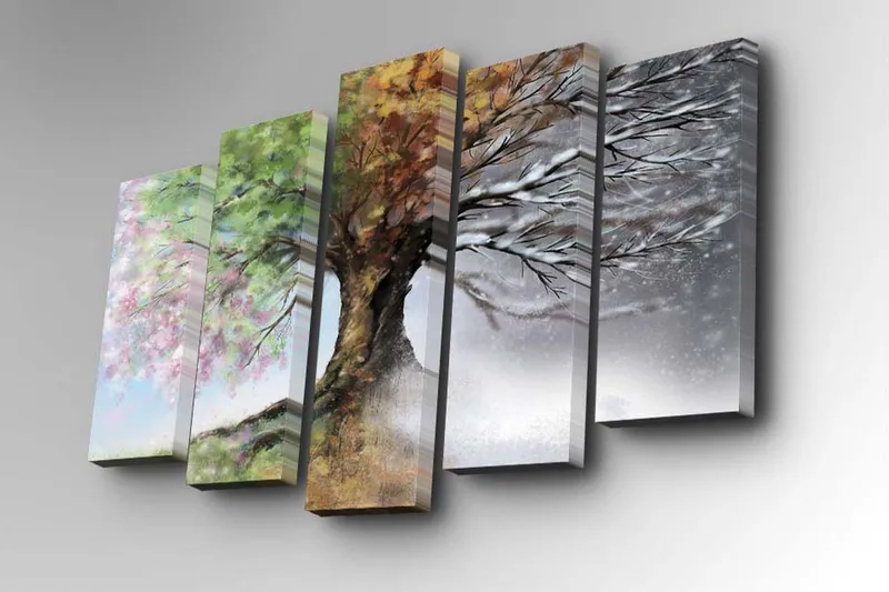 5-osainen canvas-taulu 82x50 cm - Neljäosainen maalaus, jossa puu vaihtuu vuodenaikojen mukaan - Vihreä / Ruskea / Valkoinen - Sisustustuotteet - Taulu & taide - Canvas-taulu