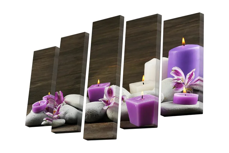 5-osainen canvas-taulu 82x50 cm - Rauhoittava kynttilöiden ja kivien asetelma, Violetti / Valkoinen / Harmaa