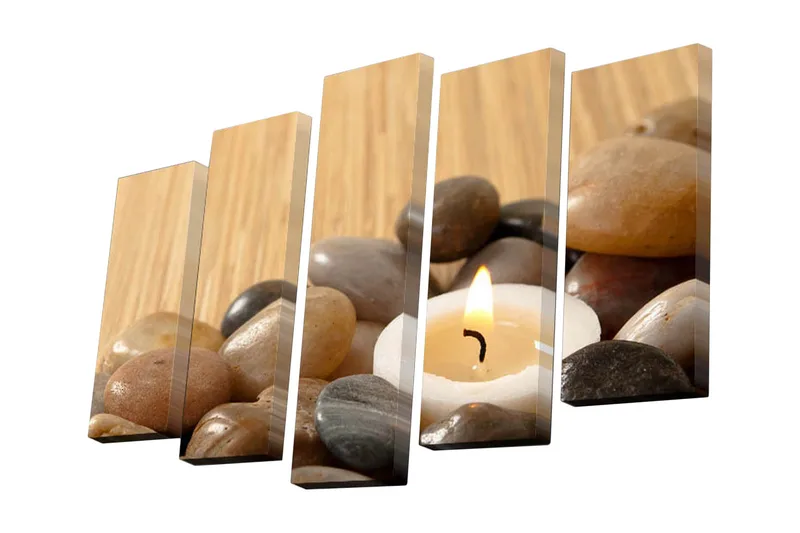 5-osainen canvas-taulu 82x50 cm - Rauhoittava sommitelma kivillä ja palavalla kynttilällä, Harmaa / Beige / Valkoinen