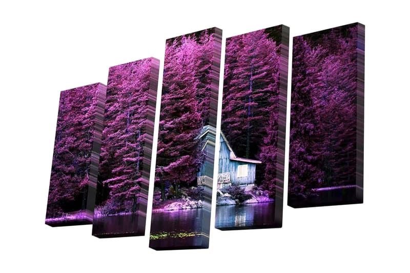 5-osainen canvas-taulu 82x50 cm - Rehevä metsä ja yksinäinen talo veden äärellä - Violetti / Sininen / Vihreä - Sisustustuotteet - Taulu & taide - Canvas-taulu