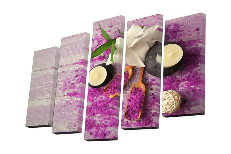 5-osainen canvas-taulu 82x50 cm - Rentouttava asetelma kynttilöillä, kivillä ja kukilla - Violetti / Valkoinen / Musta - Sisustustuotteet - Taulu & taide - Canvas-taulu