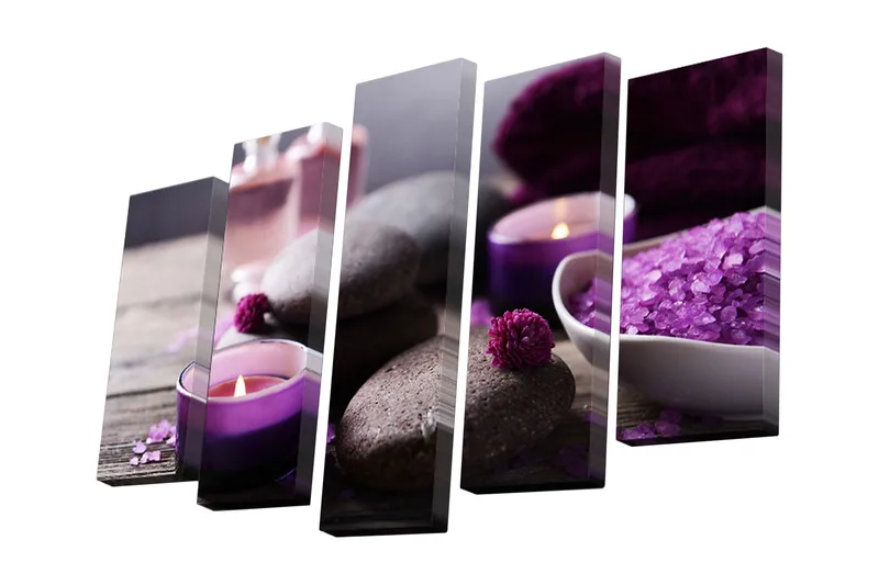 5-osainen canvas-taulu 82x50 cm - Rentouttava kylpyläympäristö kivillä ja tuoksukynttilöillä, Violetti / Harmaa / Valkoinen