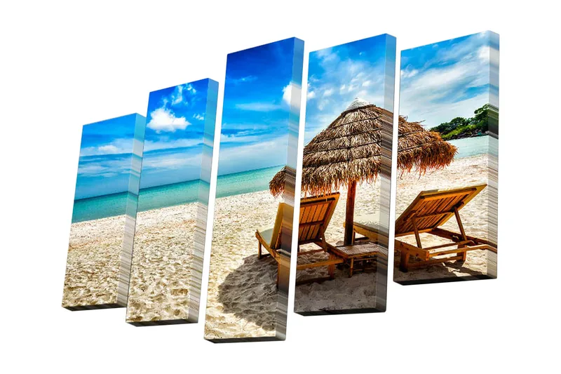 5-osainen canvas-taulu 82x50 cm - Rentouttava rantamaisema aurinkotuoleilla ja -varjolla, Sininen / Beige / Vihreä