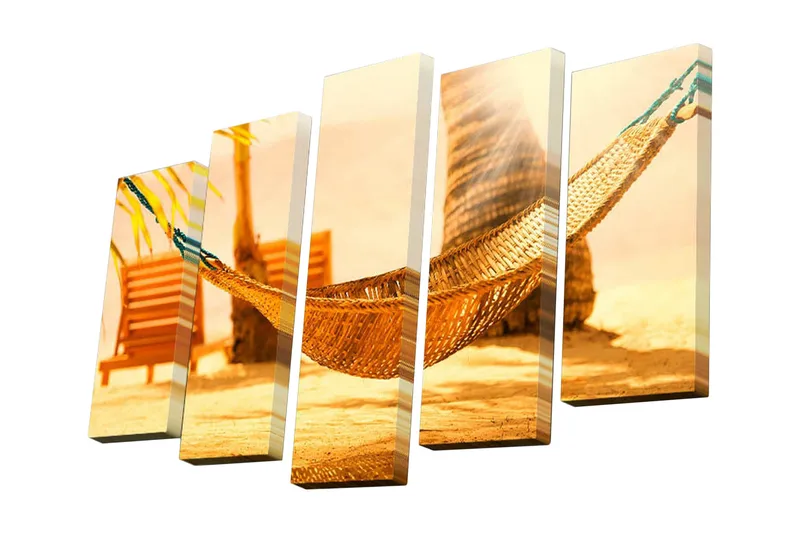5-osainen canvas-taulu 82x50 cm - Rentouttava riippumatto palmujen alla aurinkoisessa maisemassa, Kulta / Ruskea / Vihreä