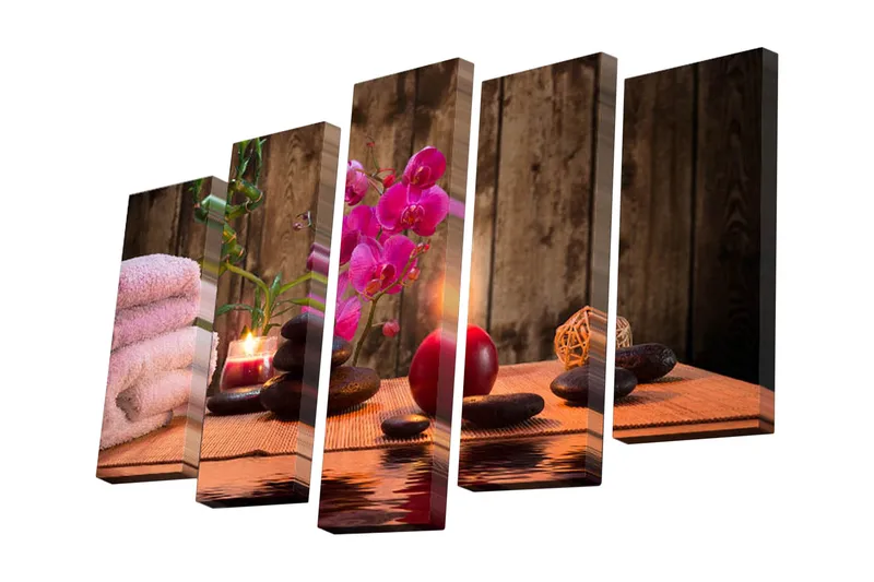 5-osainen canvas-taulu 82x50 cm - Rentouttavaa rauhaa orkideoilla ja kivillä, Vaaleanpunainen / Musta / Vihreä