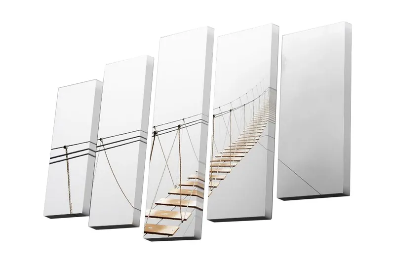 5-osainen canvas-taulu 82x50 cm - Riippusilta sumuun johtaen, Valkoinen / Beige / Musta