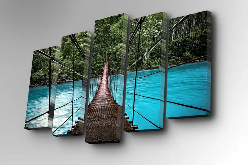 5-osainen canvas-taulu 82x50 cm - Riippusilta turkoosin veden yllä rehevien puiden ympäröimänä - Turkoosi / Vihreä / Ruosteenruskea - Sisustustuotteet - Taulu & taide - Canvas-taulu