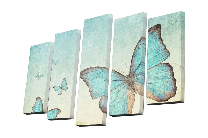 5-osainen canvas-taulu 82x50 cm - Suuria perhosia eri sinisen sävyissä, Sininen / Turkoosi