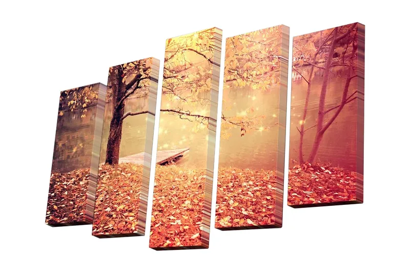 5-osainen canvas-taulu 82x50 cm - Syysmaisema värikkäillä lehdillä ja tyynellä järvellä, Kulta / Oranssi / Ruskea
