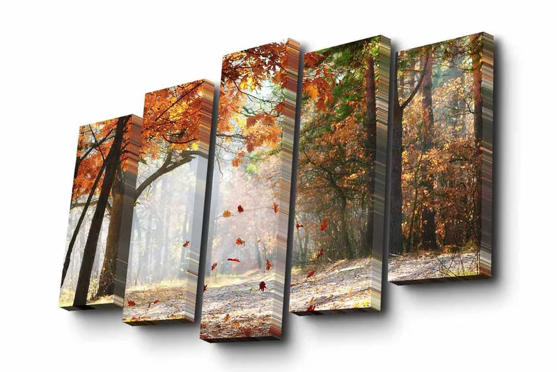 5-osainen canvas-taulu 82x50 cm - Syysmaisema värikkäillä puilla ja putoavilla lehdillä, Oranssi / Vihreä / Ruskea