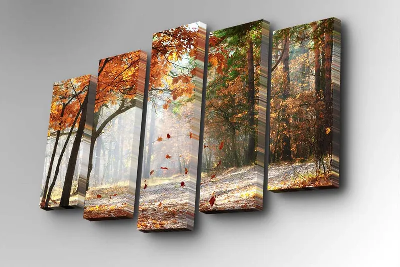5-osainen canvas-taulu 82x50 cm - Syysmaisema värikkäillä puilla ja putoavilla lehdillä - Oranssi / Vihreä / Ruskea - Sisustustuotteet - Taulu & taide - Canvas-taulu