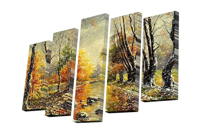 5-osainen canvas-taulu 82x50 cm - Syysmaisema värikkäillä puilla ja heijastuksilla vedessä, Oranssi / Vihreä / Ruskea