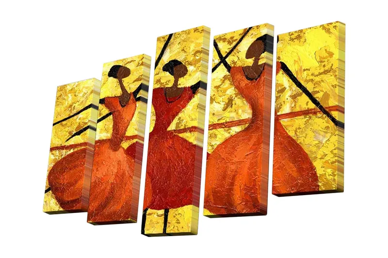 5-osainen canvas-taulu 82x50 cm - Tanssivia naisia värikkäissä mekoissa, Oranssi / Kulta / Musta