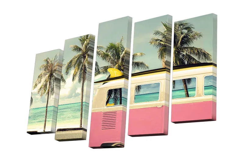 5-osainen canvas-taulu 82x50 cm - Trooppinen rantamaisema palmujen ja värikkään surffiauton kera, Turkoosi / Vaaleanpunainen / Vihreä