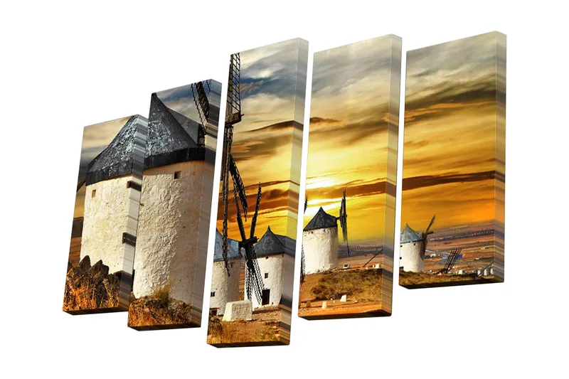 5-osainen canvas-taulu 82x50 cm - Tuuliturbiinit auringonlaskua vasten maisemassa, Kulta / Valkoinen / Musta