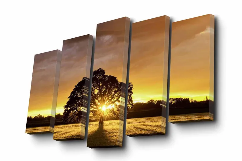 5-osainen canvas-taulu 82x50 cm - Upea auringonlasku yksinäisen puun takana, Kulta / Oranssi / Musta