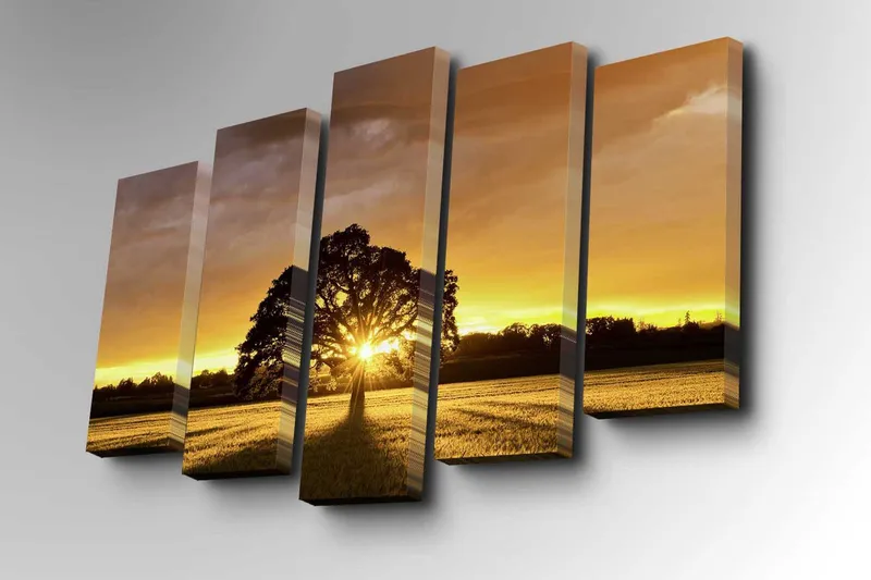 5-osainen canvas-taulu 82x50 cm - Upea auringonlasku yksinäisen puun takana - Kulta / Oranssi / Musta - Sisustustuotteet - Taulu & taide - Canvas-taulu