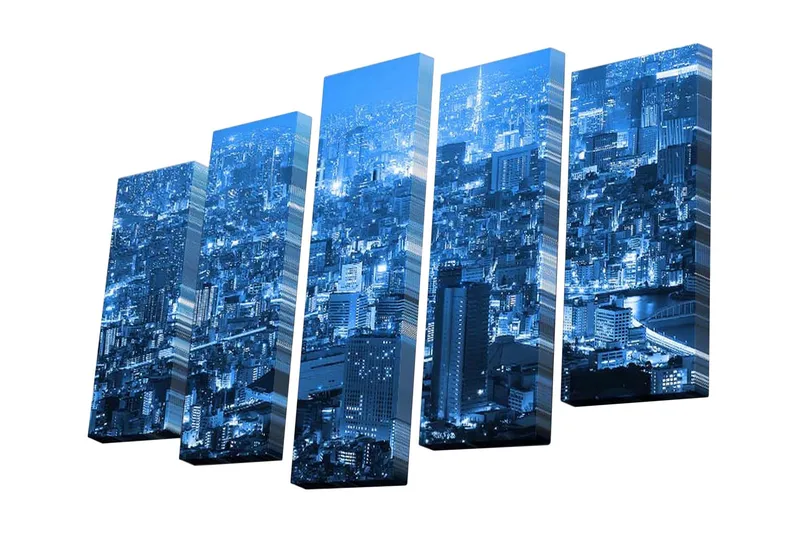 5-osainen canvas-taulu 82x50 cm - Upea kaupunkikuva yövalossa, Tummansininen / Vaaleansininen