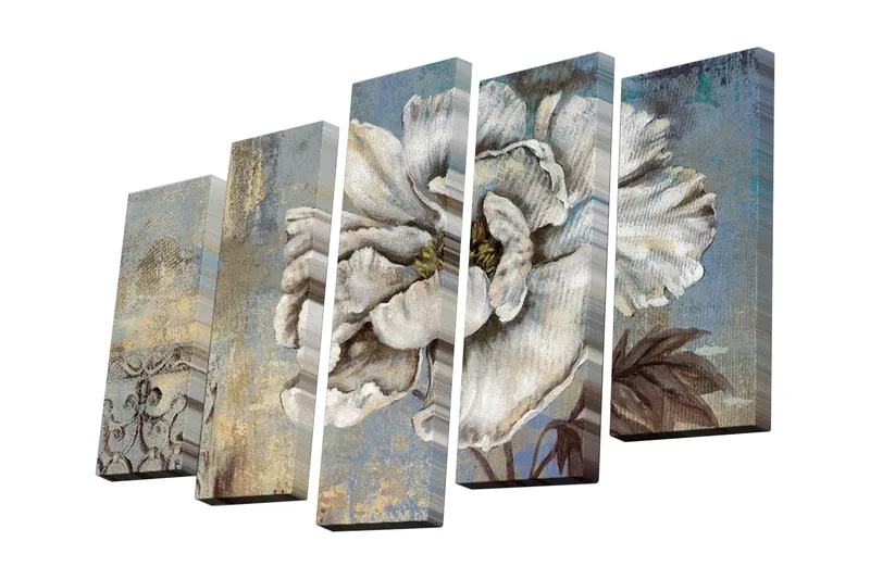 5-osainen canvas-taulu 82x50 cm - Upea valkoinen kukka yksityiskohtaisilla lehdillä, Valkoinen / Sininen / Beige