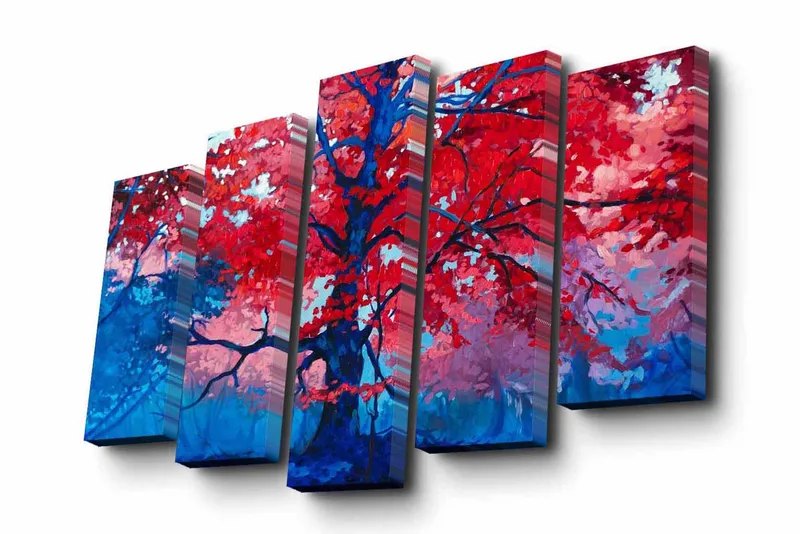 5-osainen canvas-taulu 82x50 cm - Upea puun latvus punaisilla lehdillä, Punainen / Sininen / Vaaleansininen