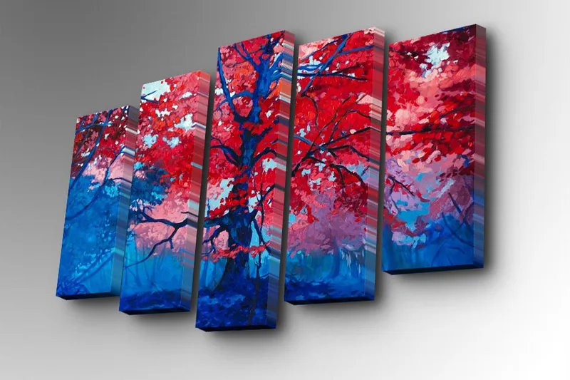 5-osainen canvas-taulu 82x50 cm - Upea puun latvus punaisilla lehdillä - Punainen / Sininen / Vaaleansininen - Sisustustuotteet - Taulu & taide - Canvas-taulu