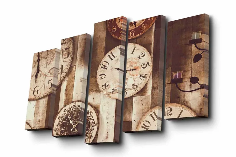 5-osainen canvas-taulu 82x50 cm - Useita vintage-kelloja puisella taustalla, Beige / Ruskea / Musta