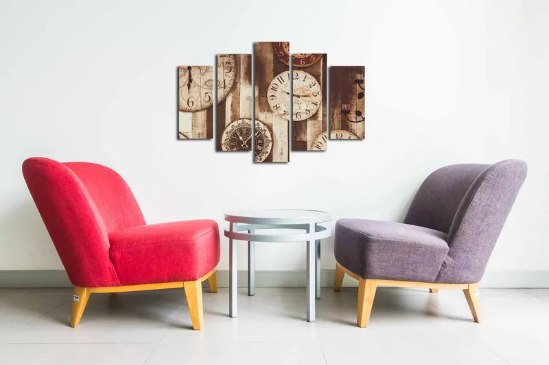 5-osainen canvas-taulu 82x50 cm - Useita vintage-kelloja puisella taustalla - Beige / Ruskea / Musta - Sisustustuotteet - Taulu & taide - Canvas-taulu