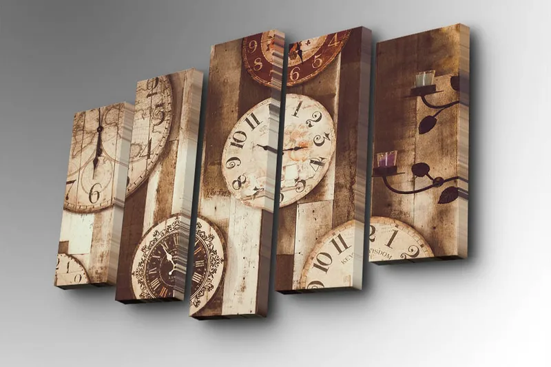 5-osainen canvas-taulu 82x50 cm - Useita vintage-kelloja puisella taustalla - Beige / Ruskea / Musta - Sisustustuotteet - Taulu & taide - Canvas-taulu
